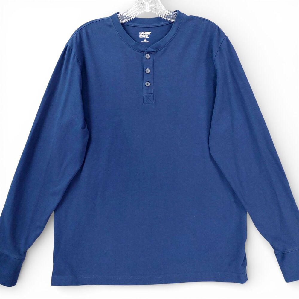 Lands' End Navy Blue Long Sleeve Henley Shirt Men’s M Cotton Stretch Casual
